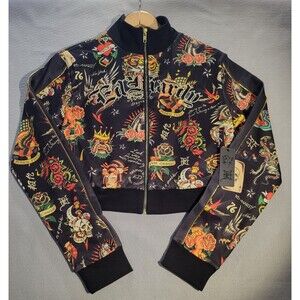 NWT Ed Hardy Y2K Shrunken Flashboard Tattoo Black Track Jacket Women’s Size L